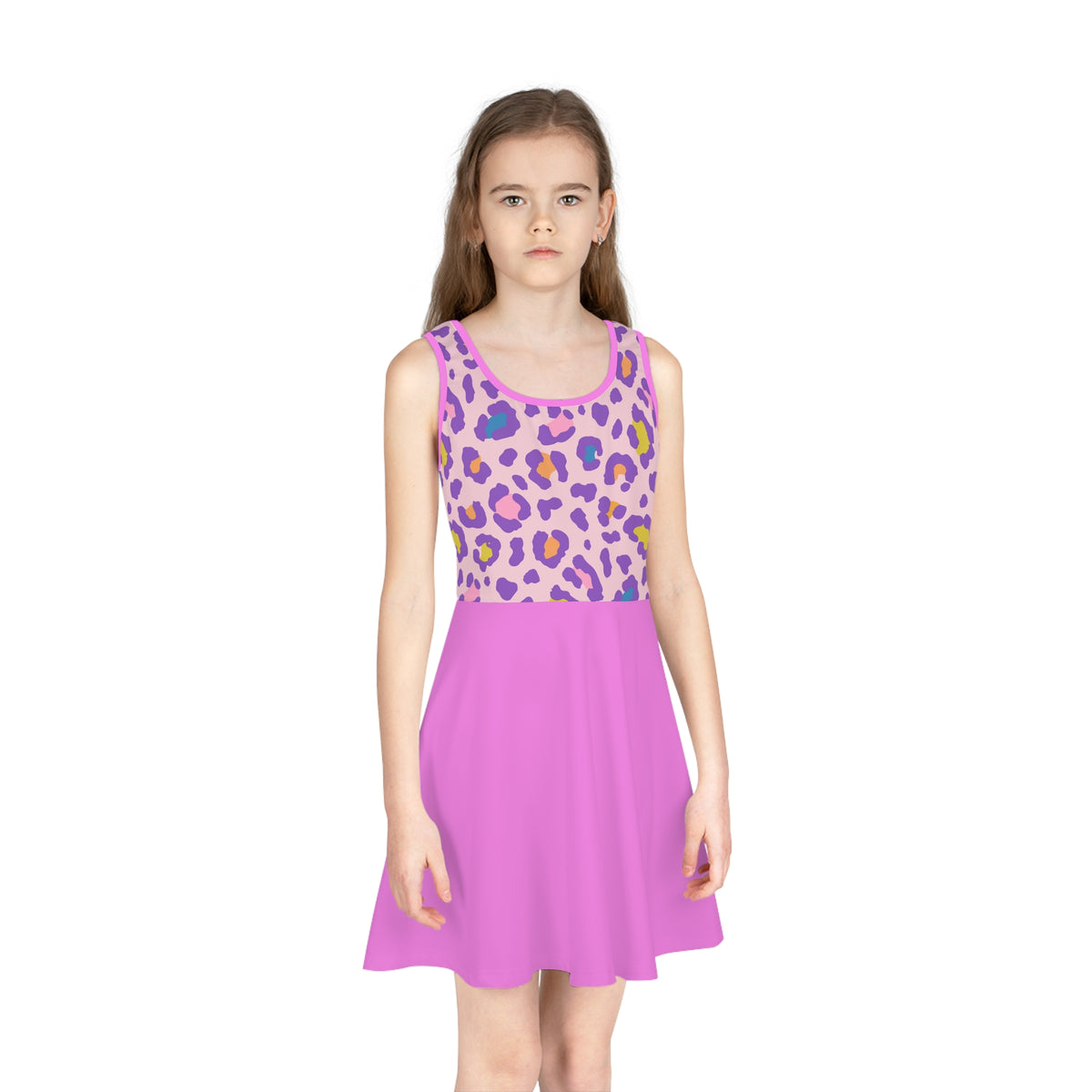 Girls' Pink Leopard Print Sundress – Sleeveless Twirl Dress for Kids