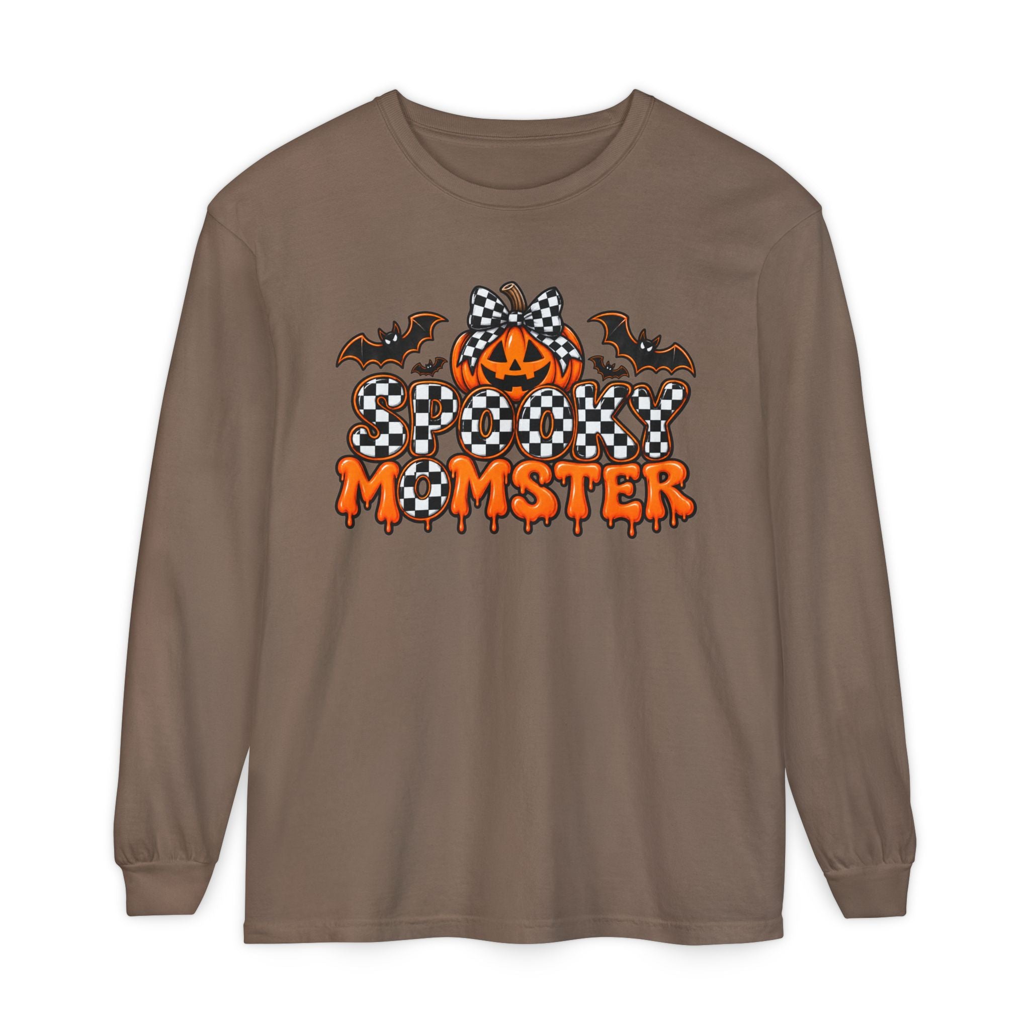 Spooky Momster Long Sleeve Tee — Halloween Pumpkin & Bat Graphic
