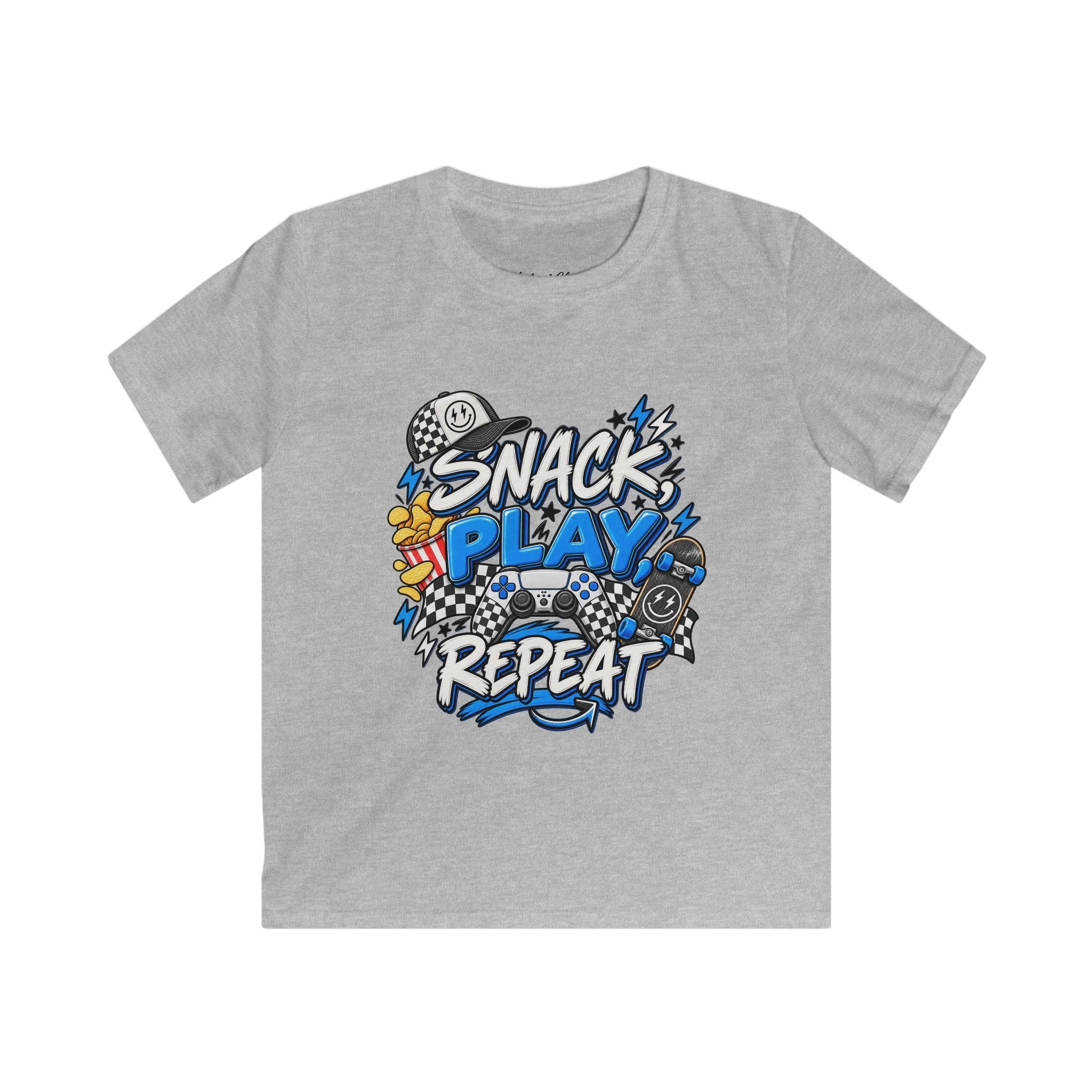 Snack Play Repeat Kids T-Shirt — Funny Gaming & Snack Graphic Tee for Boys & Girls