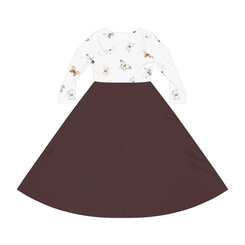 Butterfly Print Long Sleeve Dance Dress — Floral Ballet Skater Midi