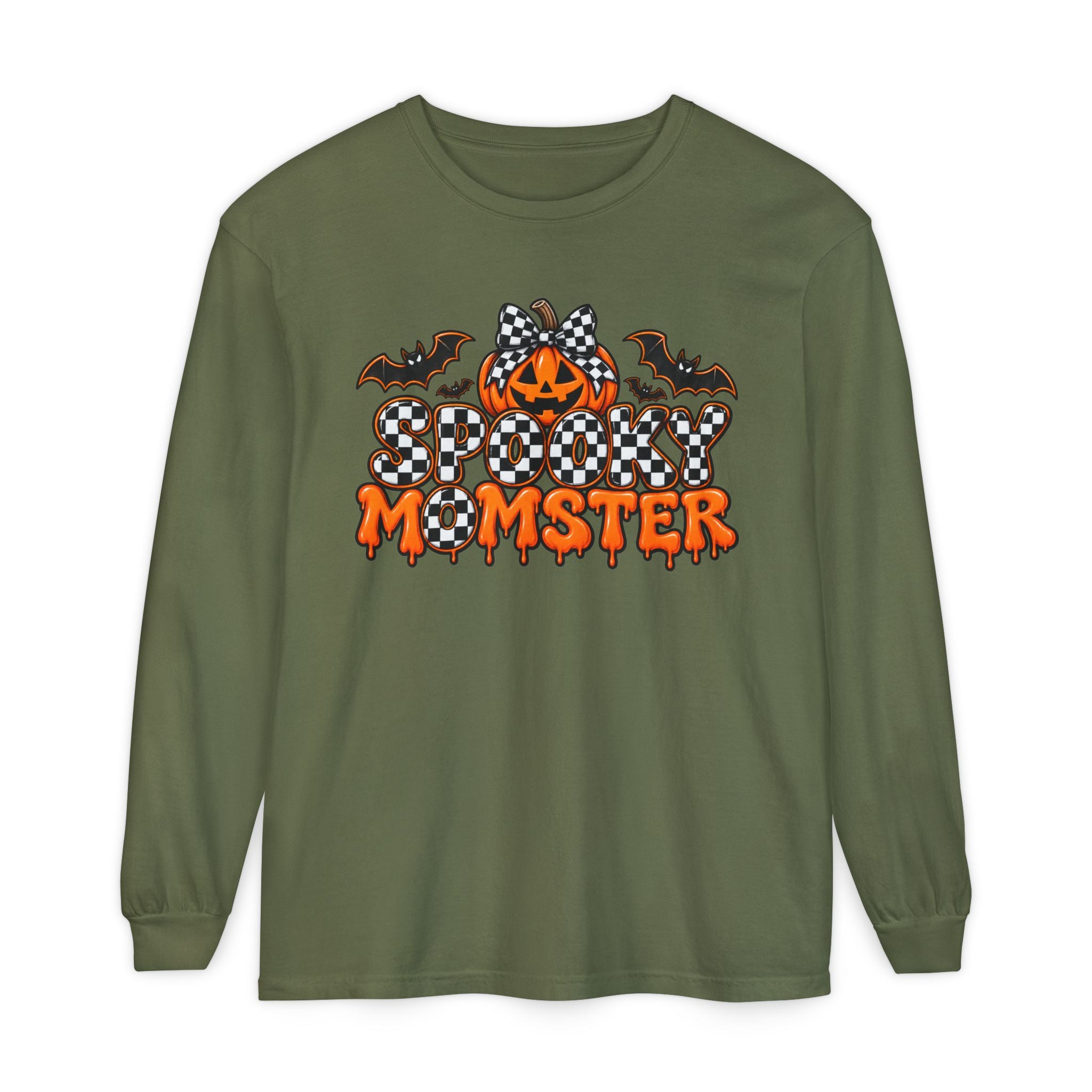 Spooky Momster Long Sleeve Tee — Halloween Pumpkin & Bat Graphic