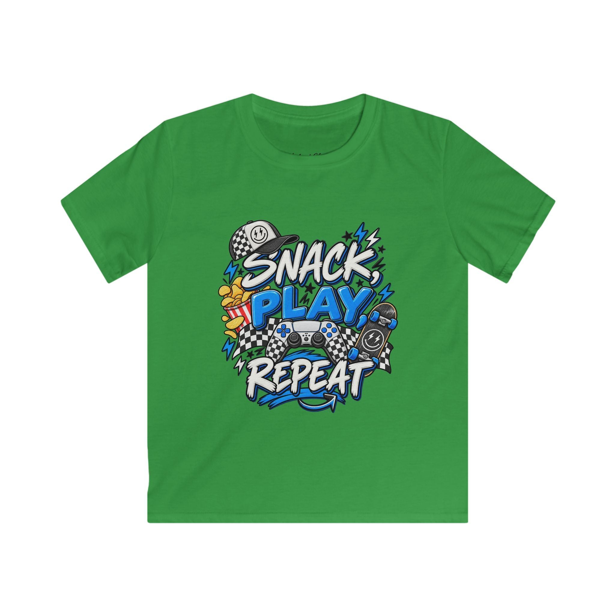 Snack Play Repeat Kids T-Shirt — Funny Gaming & Snack Graphic Tee for Boys & Girls
