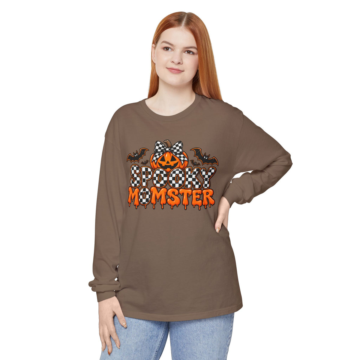Spooky Momster Long Sleeve Tee — Halloween Pumpkin & Bat Graphic