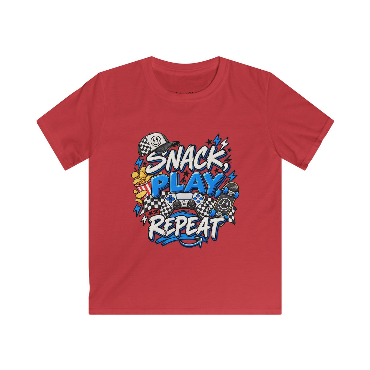 Snack Play Repeat Kids T-Shirt — Funny Gaming & Snack Graphic Tee for Boys & Girls