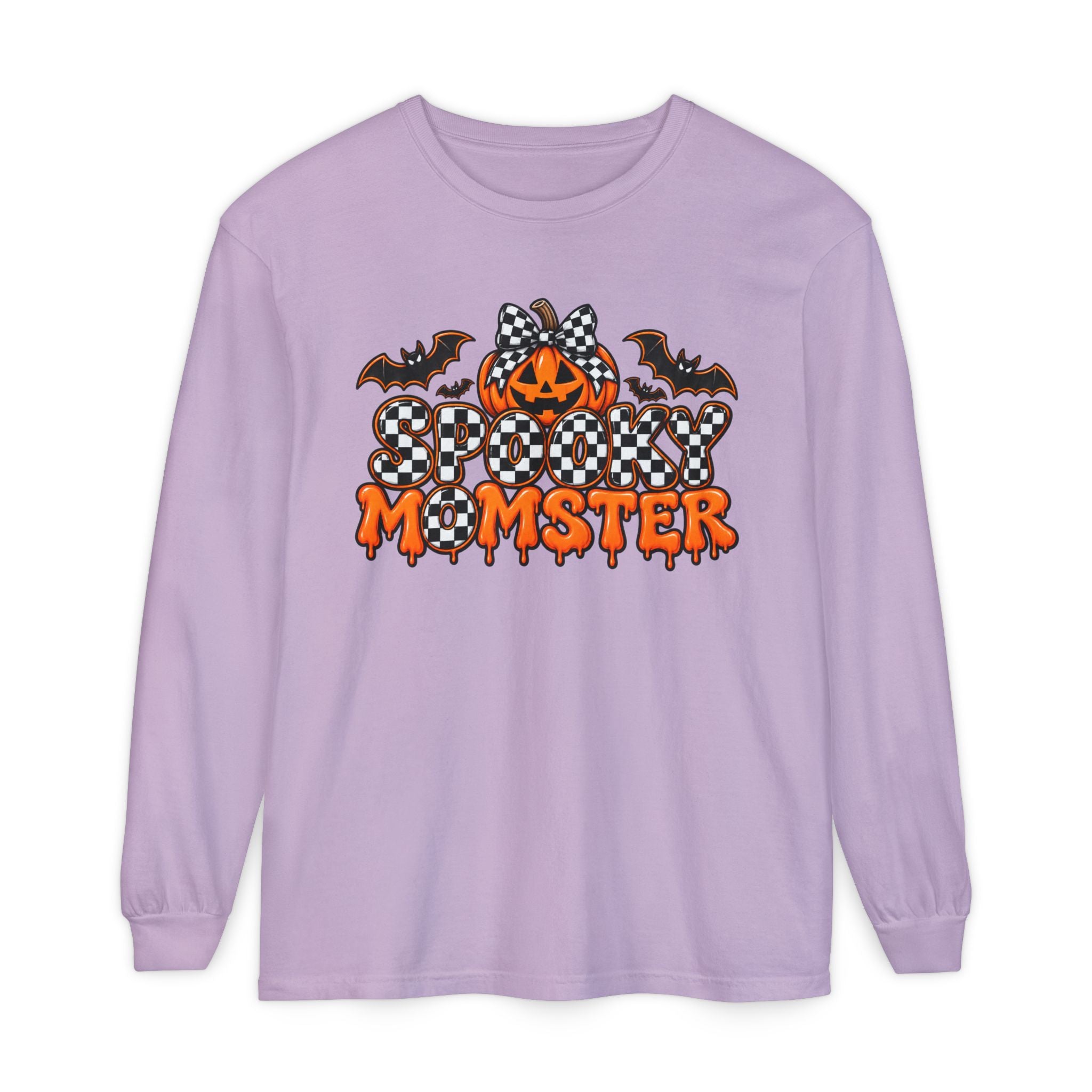 Spooky Momster Long Sleeve Tee — Halloween Pumpkin & Bat Graphic