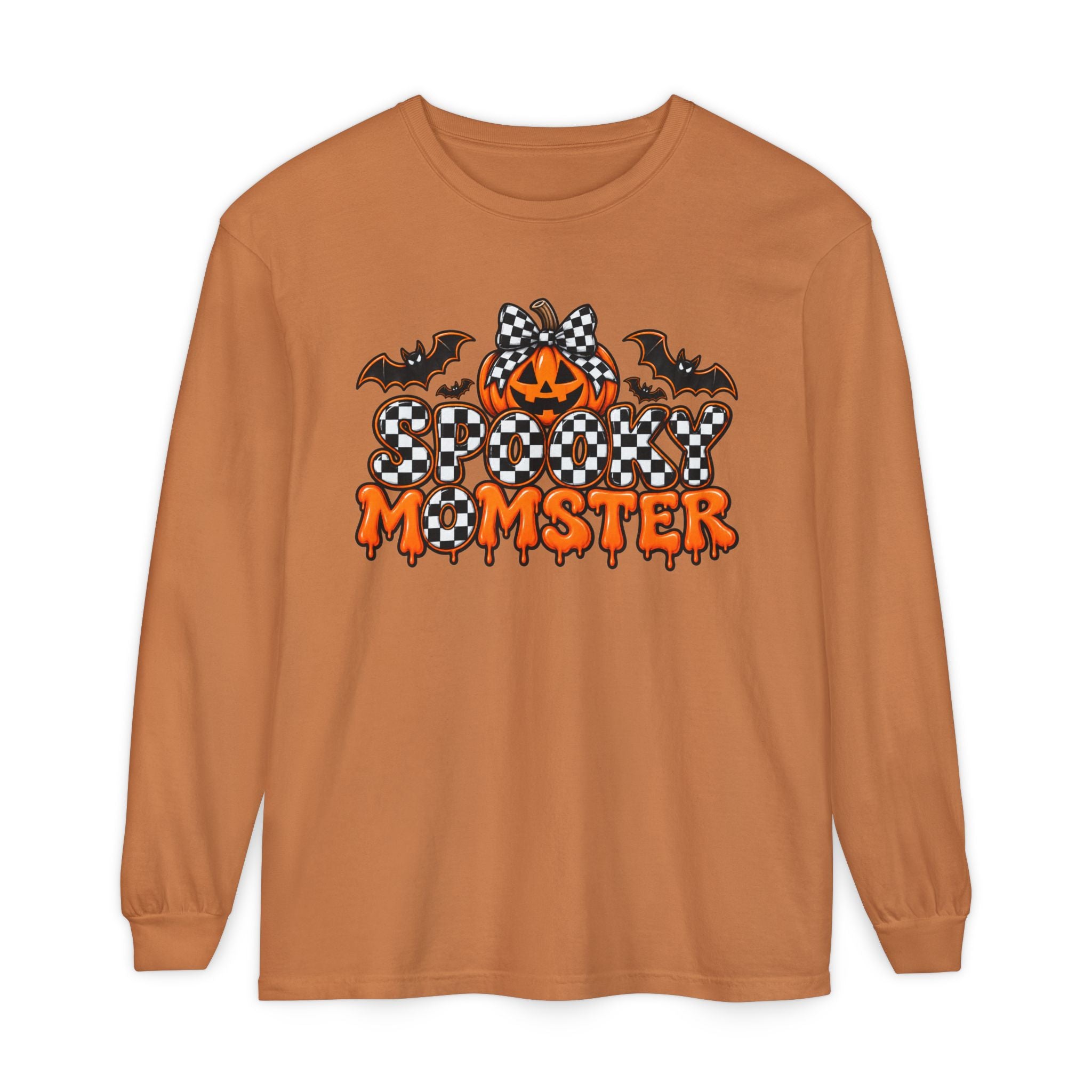 Spooky Momster Long Sleeve Tee — Halloween Pumpkin & Bat Graphic