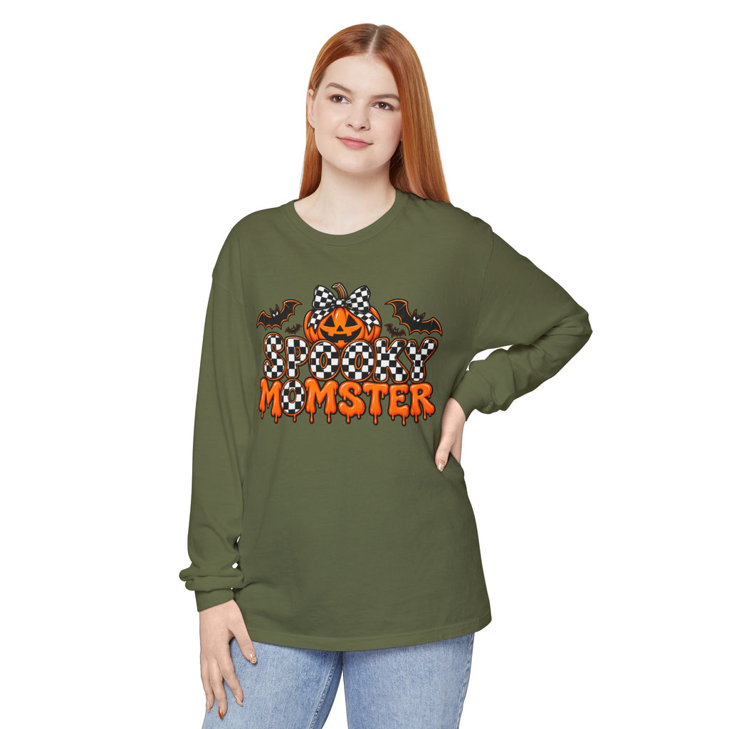 Spooky Momster Long Sleeve Tee — Halloween Pumpkin & Bat Graphic