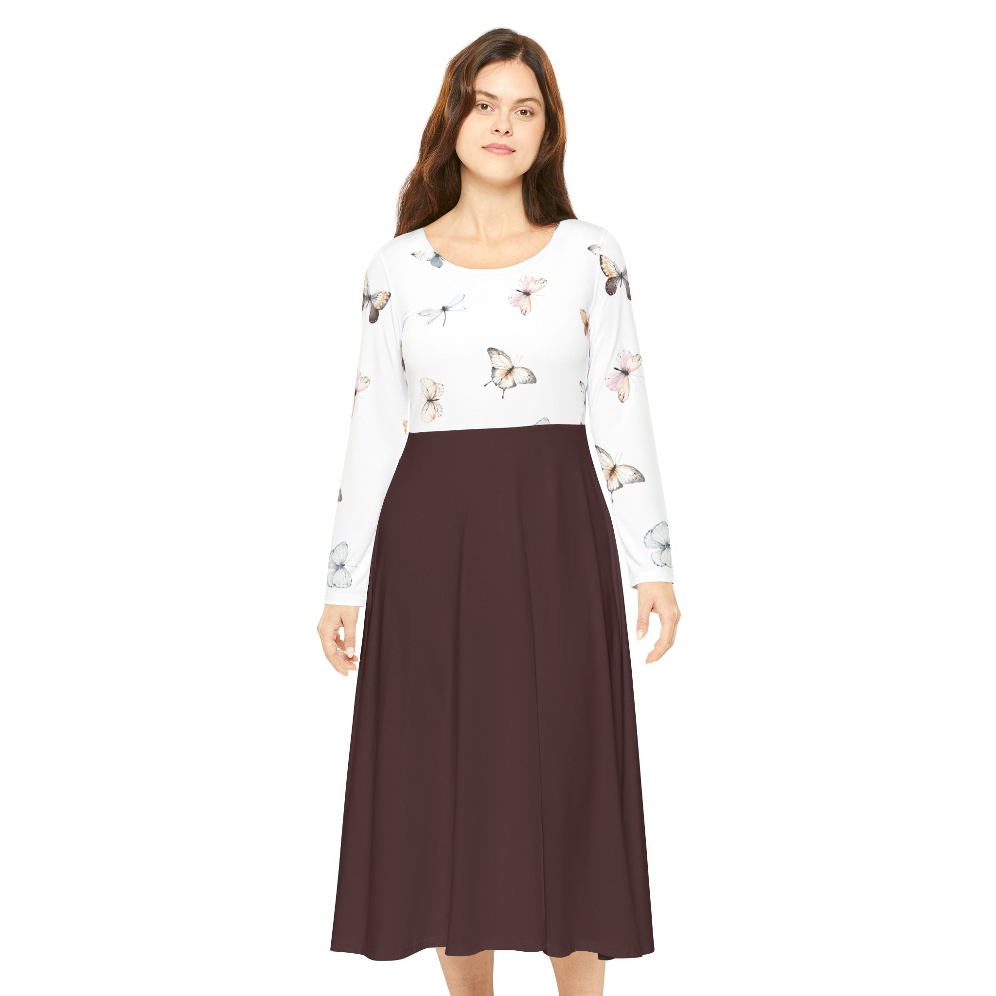 Butterfly Print Long Sleeve Dance Dress — Floral Ballet Skater Midi