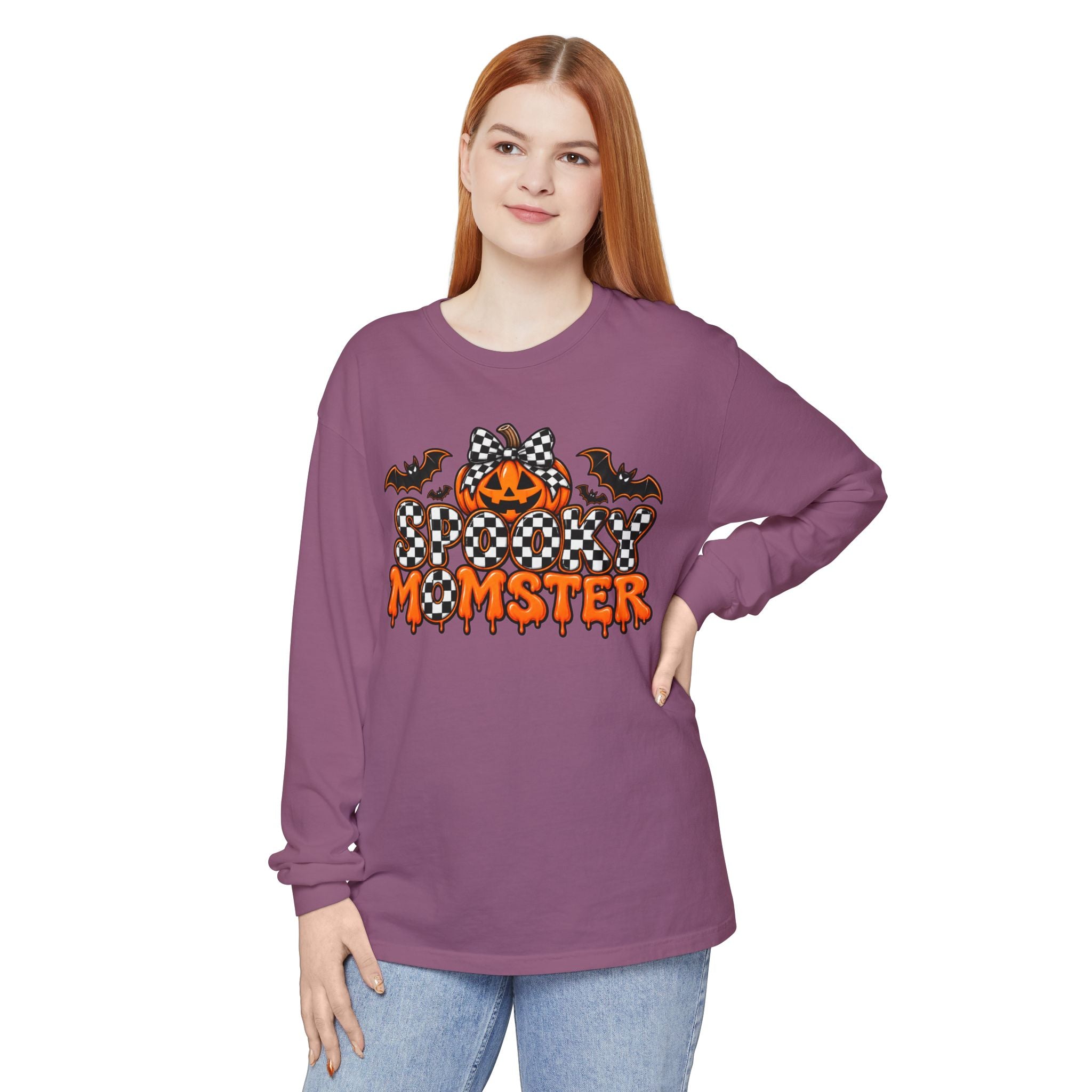 Spooky Momster Long Sleeve Tee — Halloween Pumpkin & Bat Graphic
