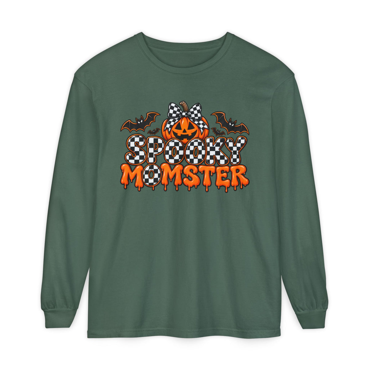 Spooky Momster Long Sleeve Tee — Halloween Pumpkin & Bat Graphic