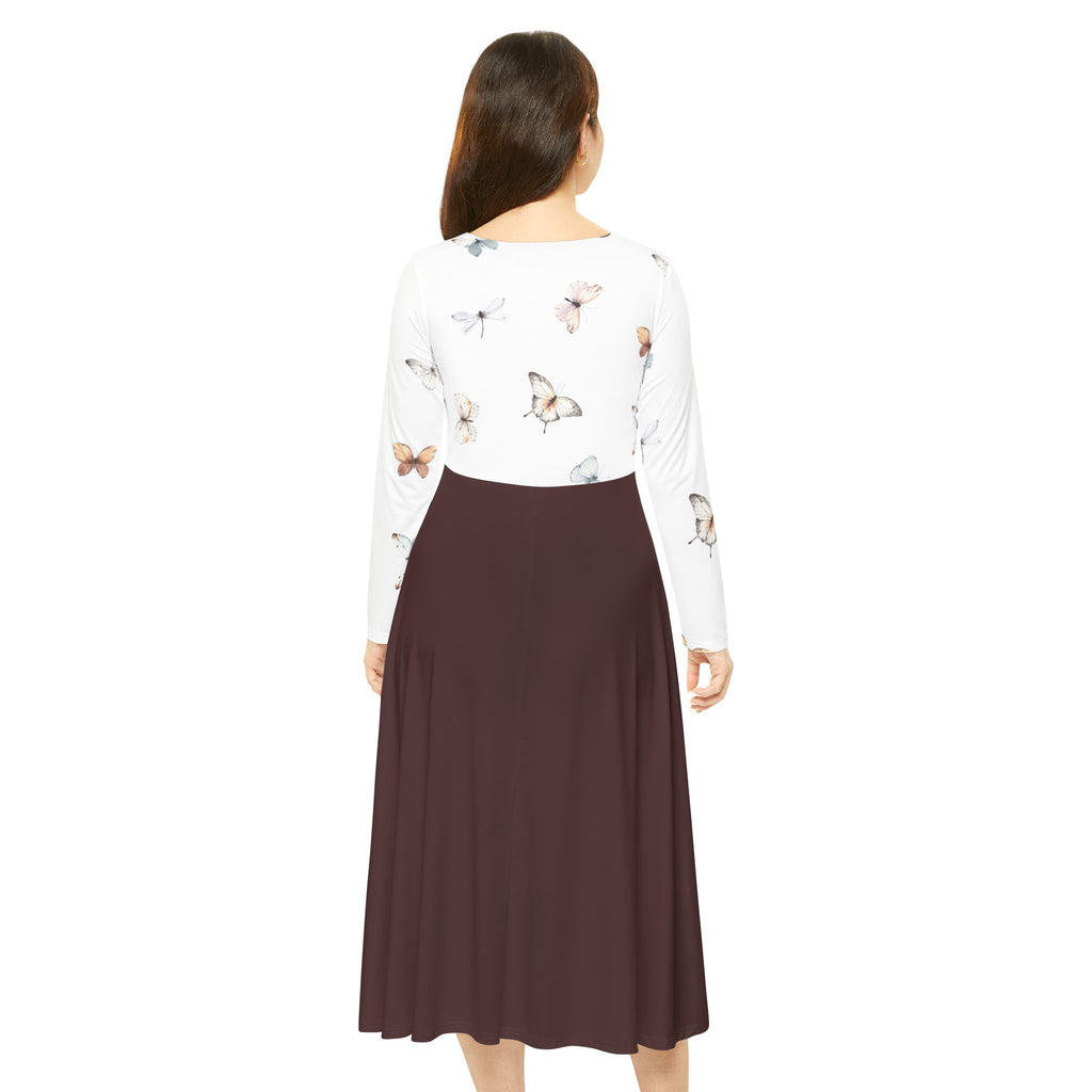 Butterfly Print Long Sleeve Dance Dress — Floral Ballet Skater Midi