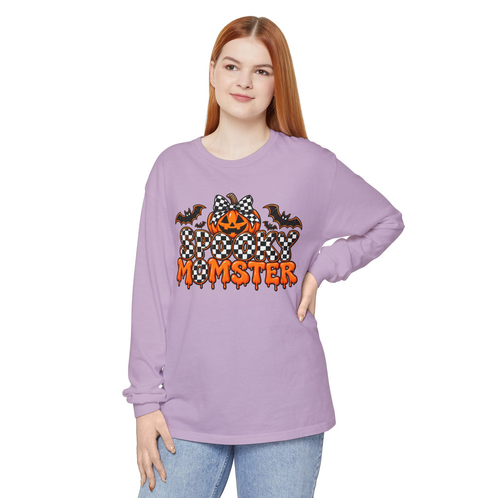 Spooky Momster Long Sleeve Tee — Halloween Pumpkin & Bat Graphic