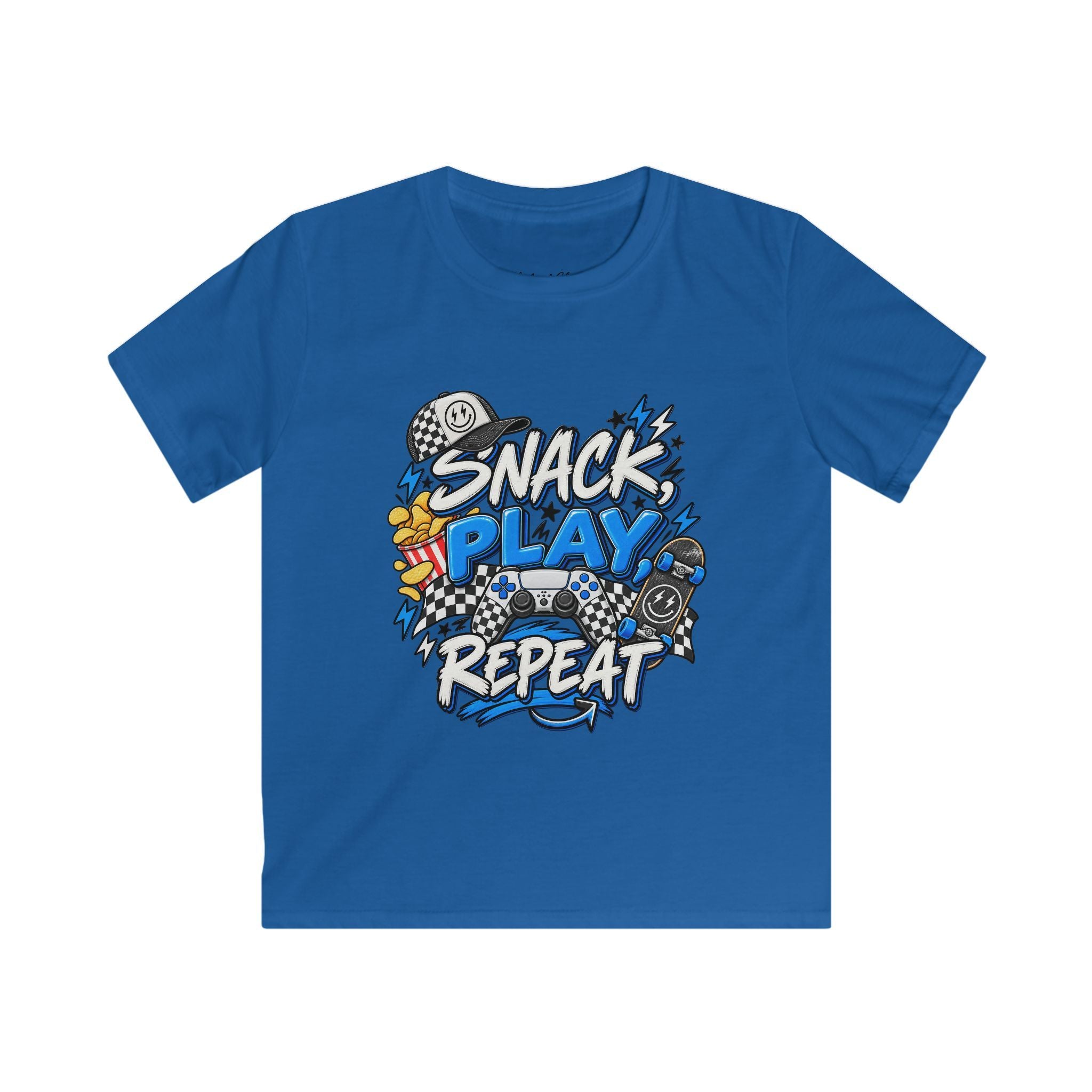 Snack Play Repeat Kids T-Shirt — Funny Gaming & Snack Graphic Tee for Boys & Girls