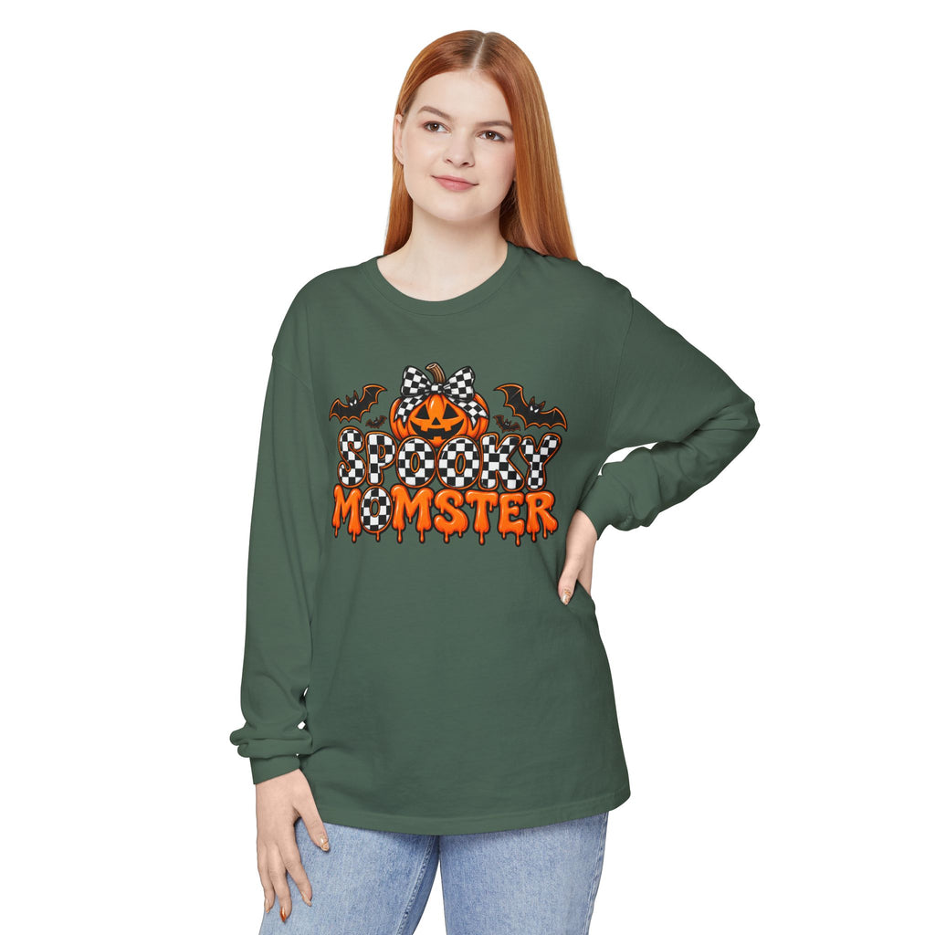 Spooky Momster Long Sleeve Tee — Halloween Pumpkin & Bat Graphic