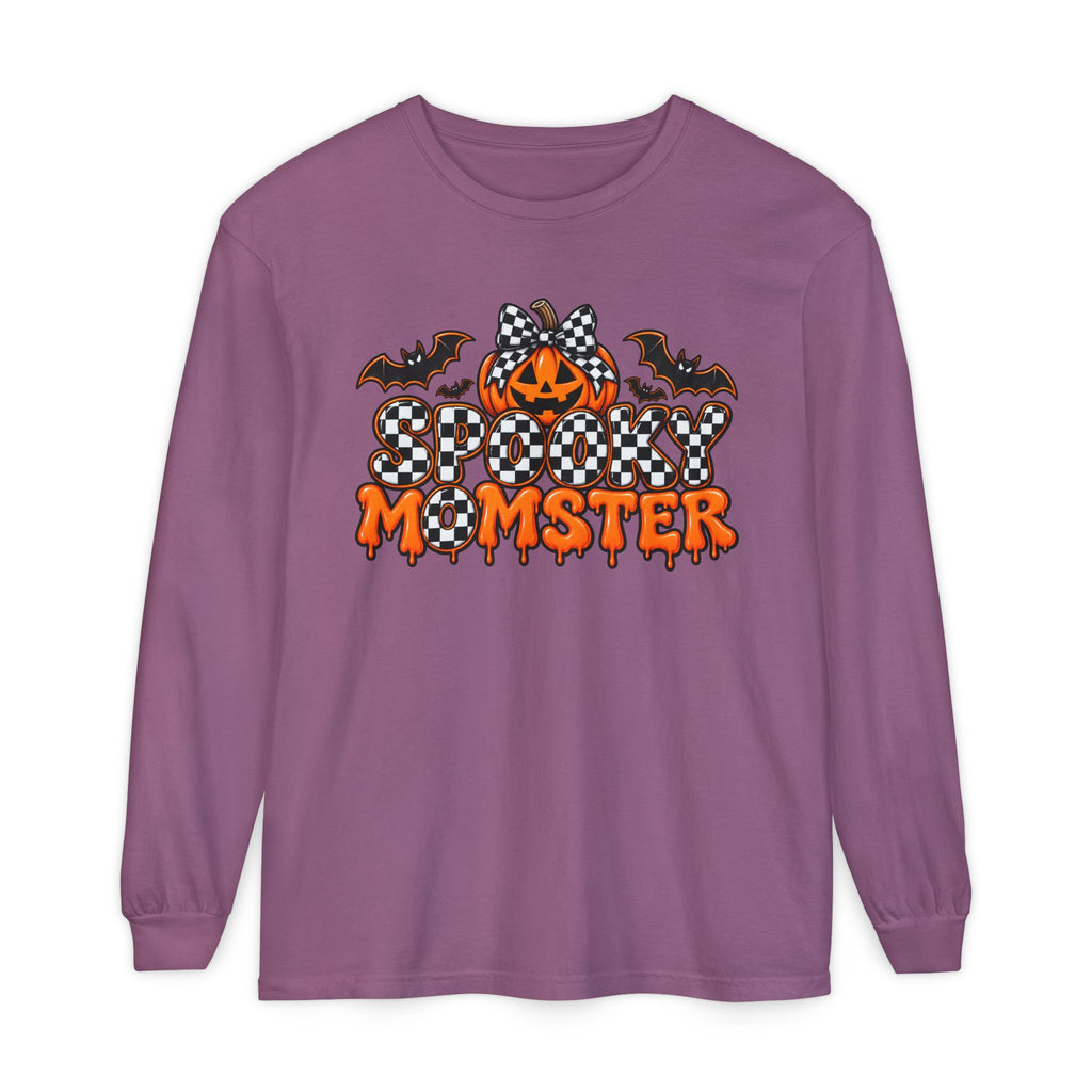 Spooky Momster Long Sleeve Tee — Halloween Pumpkin & Bat Graphic