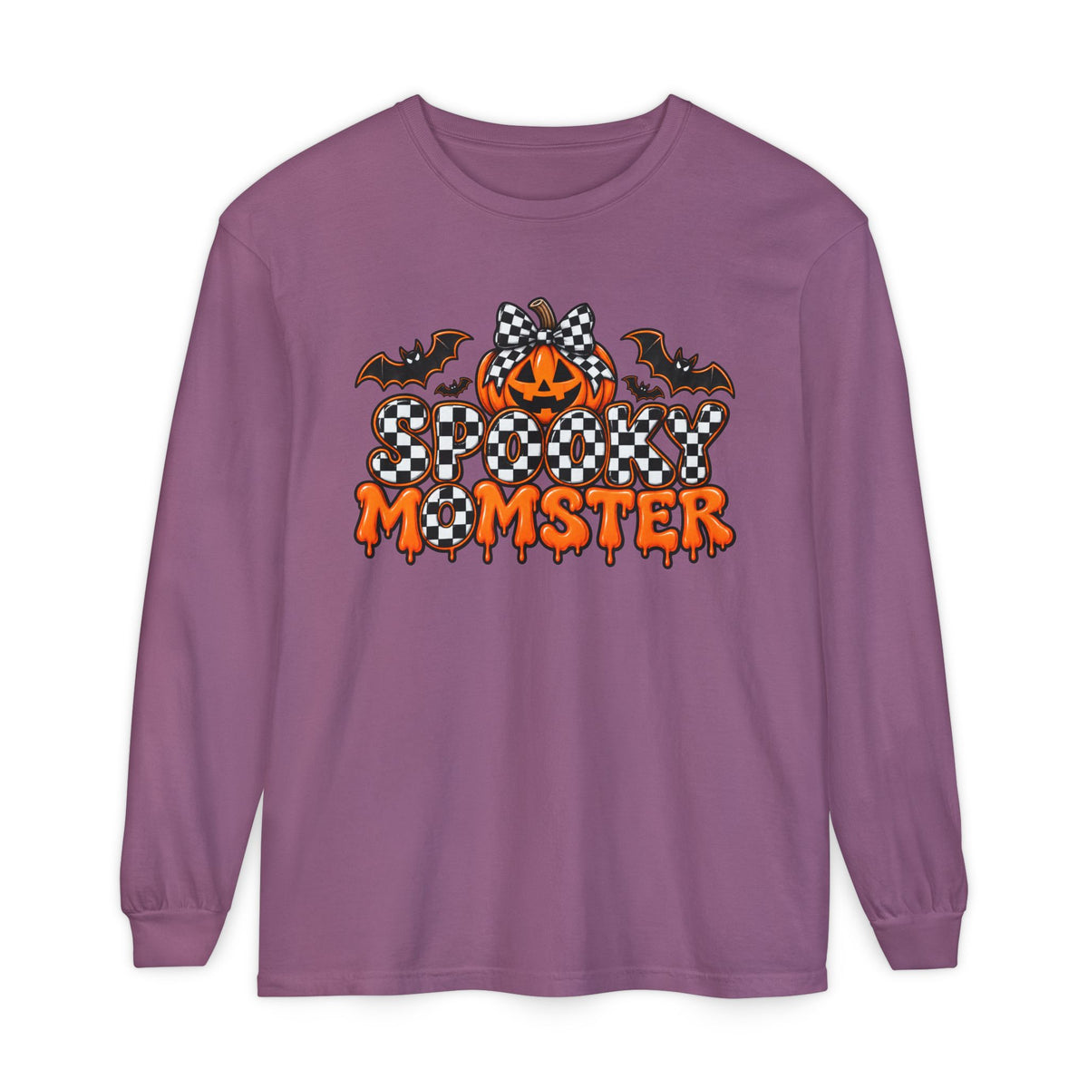 Spooky Momster Long Sleeve Tee — Halloween Pumpkin & Bat Graphic