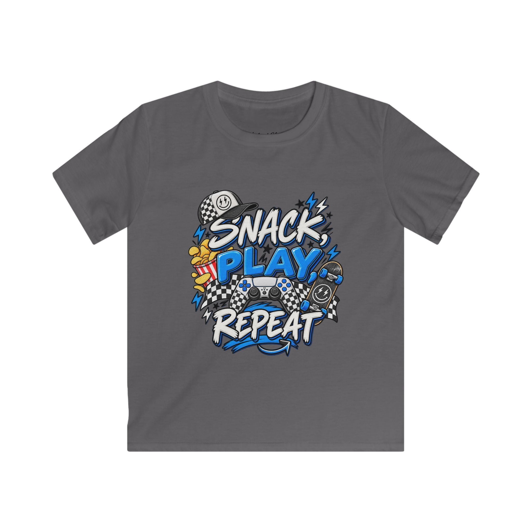 Snack Play Repeat Kids T-Shirt — Funny Gaming & Snack Graphic Tee for Boys & Girls