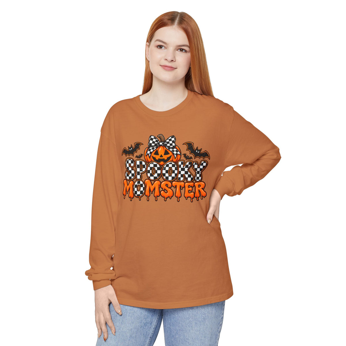 Spooky Momster Long Sleeve Tee — Halloween Pumpkin & Bat Graphic